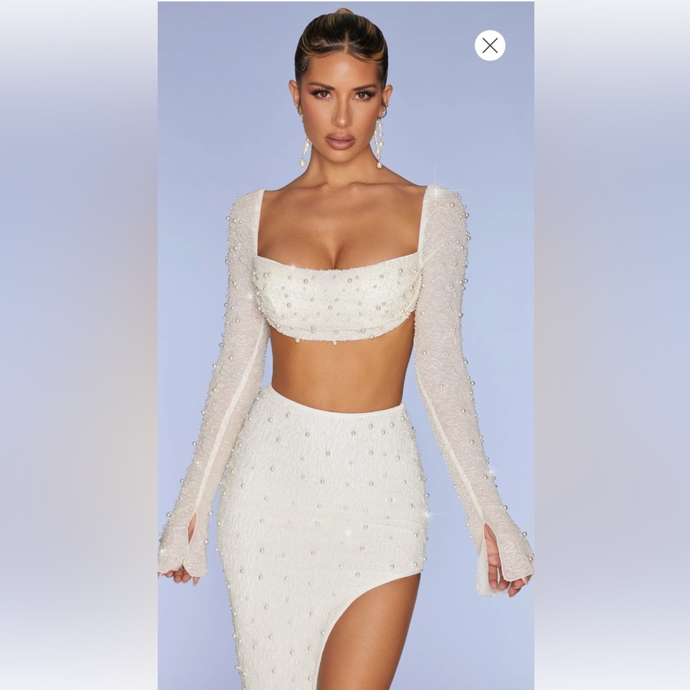 LA DÉSIRADE
Embellished Cowl Neck Crop Top and Skirt in Ivory